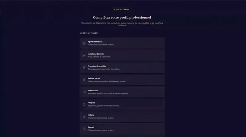 Création et renseignement du profil professionnel sur Matchstone